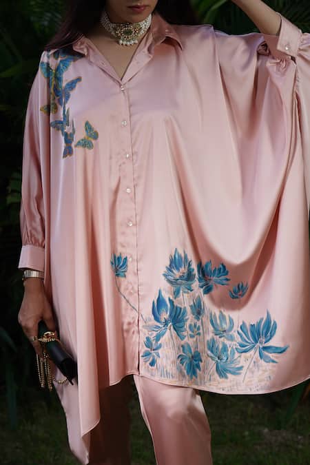 Kyra By Nina + Deepika_Pink Silk, Satin Butterflies In Paradise Hand Painted Shirt And Pant Set _at_Aza_Fashions
