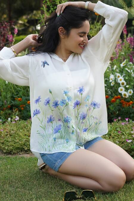 Kyra By Nina + Deepika White Modal, Satin Collared Cornflower Symphony Hand Painted Shirt Online at Aza Fashions Kyra By Nina + Deepika_White Modal, Satin Collared Cornflower Symphony Hand Painted Shirt _Online_at_Aza_Fashions
