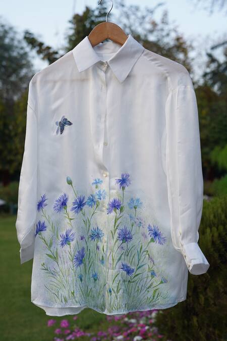Kyra By Nina + Deepika_White Modal, Satin Collared Cornflower Symphony Hand Painted Shirt _at_Aza_Fashions