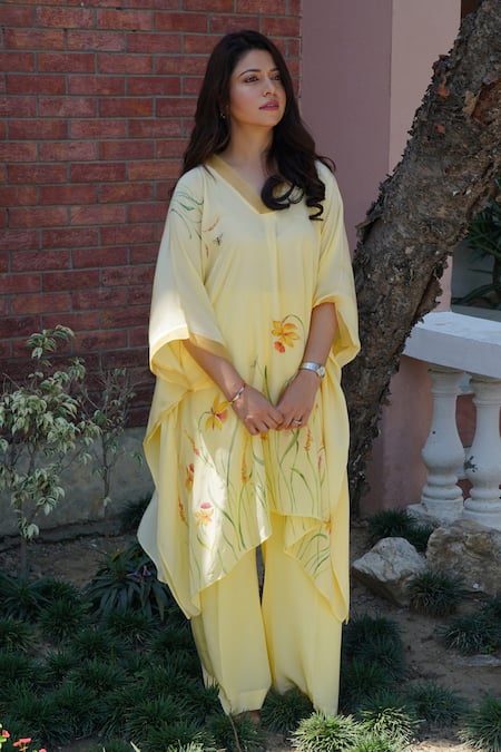 Kyra By Nina + Deepika Daffodils Magic Hand Painted Top & Pant Set 