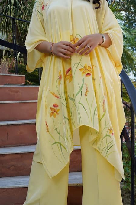 Shop_Kyra By Nina + Deepika_Yellow Crepe V-neck Daffodils Magic Hand Painted Top And Pant Set _Online_at_Aza_Fashions