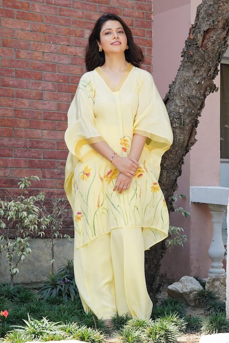 Kyra By Nina + Deepika_Yellow Crepe V-neck Daffodils Magic Hand Painted Top And Pant Set _at_Aza_Fashions