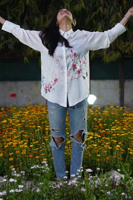 Kyra By Nina + Deepika_White Modal, Satin Collared Dancing Mangolias Hand Painted Shirt _Online_at_Aza_Fashions