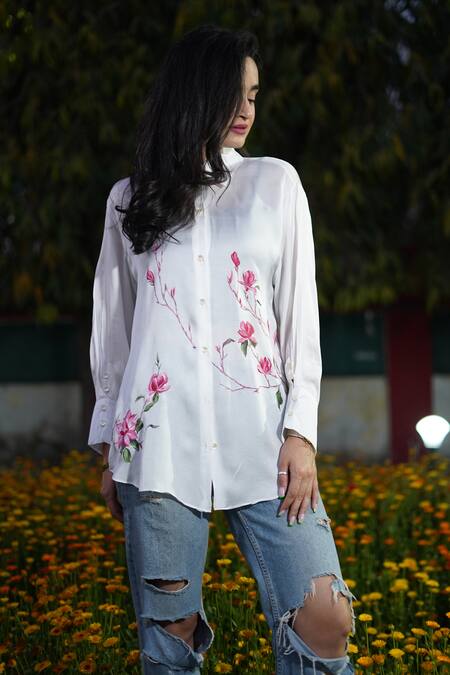 Buy_Kyra By Nina + Deepika_White Modal, Satin Collared Dancing Mangolias Hand Painted Shirt _Online_at_Aza_Fashions