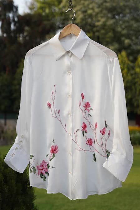 Shop_Kyra By Nina + Deepika_White Modal, Satin Collared Dancing Mangolias Hand Painted Shirt _Online_at_Aza_Fashions