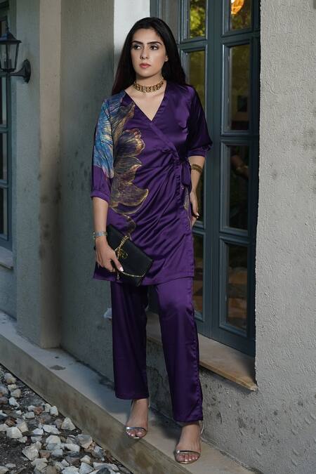 Kyra By Nina + Deepika_Purple Silk , Silk, Deep Desire Hand Painted Wrap Top And Pant Set _Online_at_Aza_Fashions