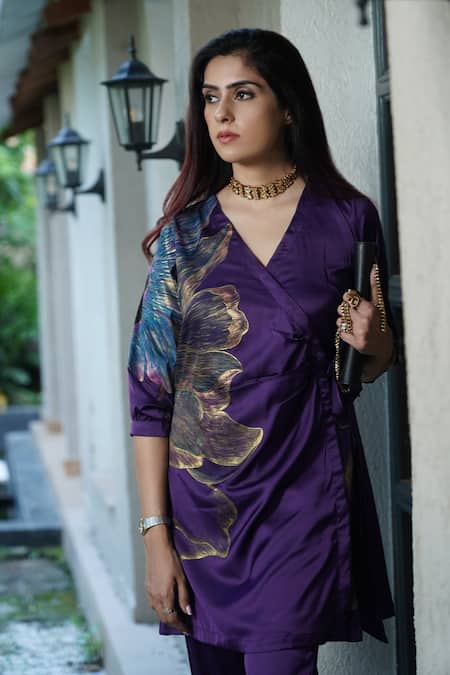 Buy_Kyra By Nina + Deepika_Purple Silk , Silk, Deep Desire Hand Painted Wrap Top And Pant Set _Online_at_Aza_Fashions