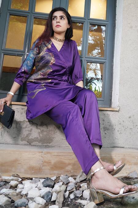 Shop_Kyra By Nina + Deepika_Purple Silk , Silk, Deep Desire Hand Painted Wrap Top And Pant Set _Online_at_Aza_Fashions