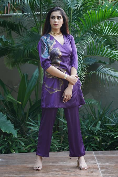 Kyra By Nina + Deepika_Purple Silk , Silk, Deep Desire Hand Painted Wrap Top And Pant Set _at_Aza_Fashions