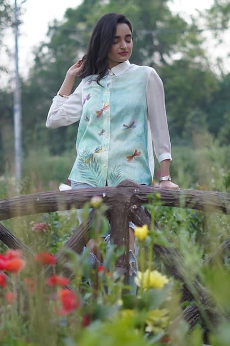 Kyra By Nina + Deepika White Modal Satin Hand Painted Dragonfly Paradise Shirt  