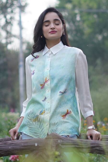 Kyra By Nina + Deepika_White Modal, Satin Collared Dragonfly Paradise Hand Painted Shirt _Online_at_Aza_Fashions