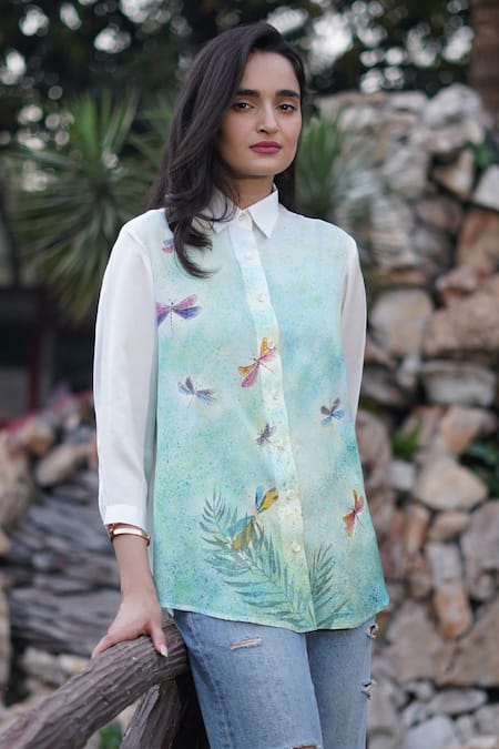 Buy_Kyra By Nina + Deepika_White Modal, Satin Collared Dragonfly Paradise Hand Painted Shirt _Online_at_Aza_Fashions