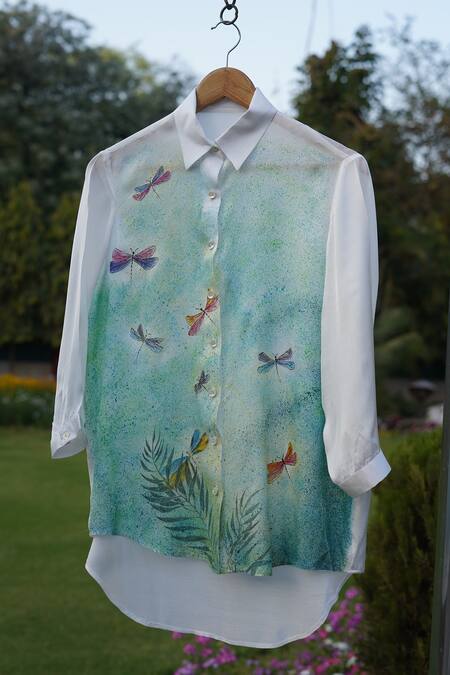 Shop_Kyra By Nina + Deepika_White Modal, Satin Collared Dragonfly Paradise Hand Painted Shirt _Online_at_Aza_Fashions
