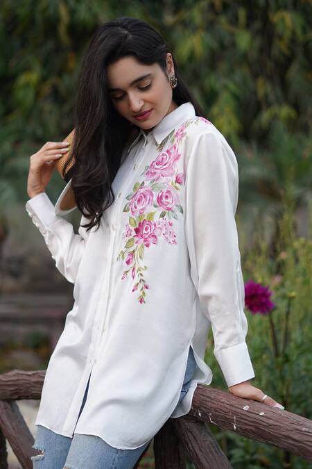Buy Kyra By Nina + Deepika White Modal, Satin Collared English Roses Hand Painted Shirt Online at Aza Fashions Buy_Kyra By Nina + Deepika_White Modal, Satin Collared English Roses Hand Painted Shirt _Online_at_Aza_Fashions