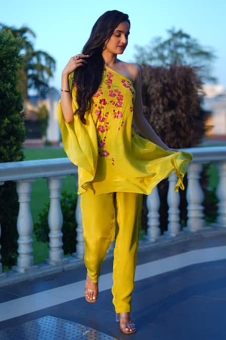 Buy_Kyra By Nina + Deepika_Yellow Crepe One Shoulder Etheral Bloom Hand Painted Top And Pant Set _Online_at_Aza_Fashions