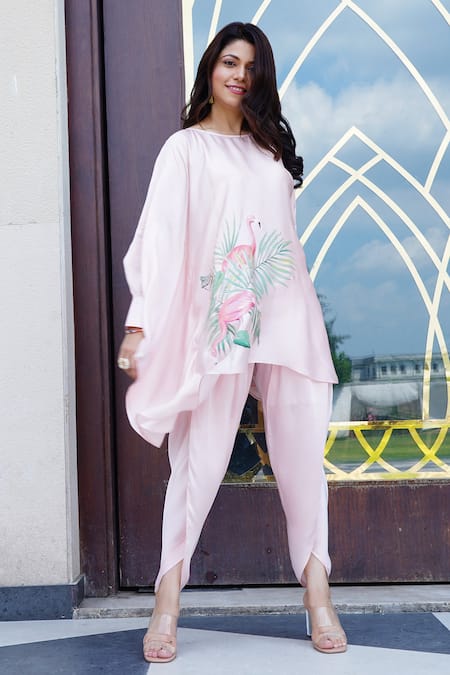 Kyra By Nina + Deepika_Pink Modal, Satin Round Neck Flamboyance Hand Painted Top And Tulip Pant Set _Online_at_Aza_Fashions
