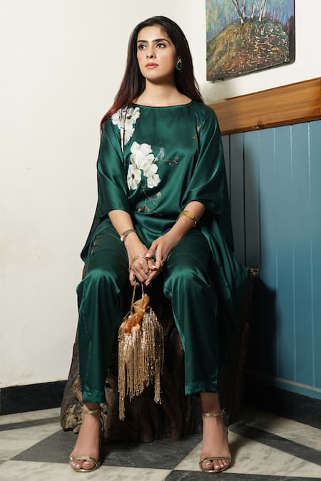 Kyra By Nina + Deepika_Green Modal, Satin Round Neck Forbidden Flowers Hand Painted Top And Pant Set _Online_at_Aza_Fashions