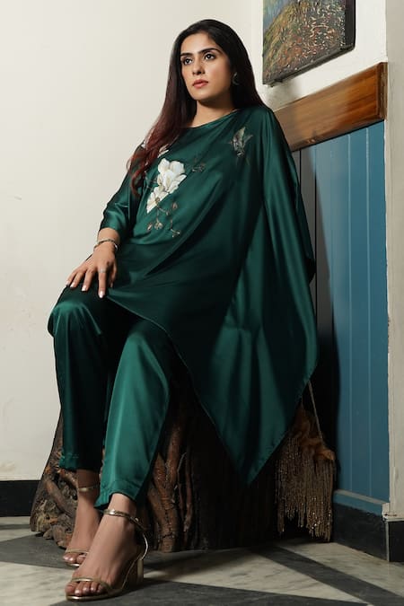 Buy_Kyra By Nina + Deepika_Green Modal, Satin Round Neck Forbidden Flowers Hand Painted Top And Pant Set _Online_at_Aza_Fashions