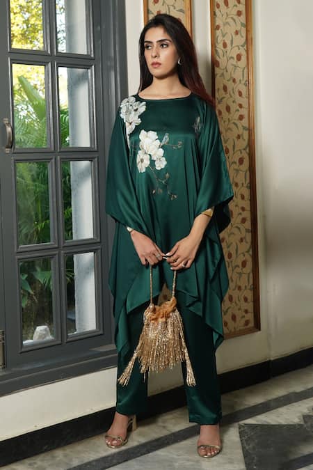 Shop_Kyra By Nina + Deepika_Green Modal, Satin Round Neck Forbidden Flowers Hand Painted Top And Pant Set _Online_at_Aza_Fashions