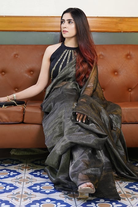 Kyra By Nina + Deepika_Black Linen, Silk Sequins, Cut Glam And The City Saree With Embroidered Blouse _Online_at_Aza_Fashions