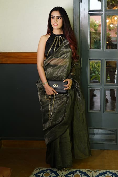 Buy_Kyra By Nina + Deepika_Black Linen, Silk Sequins, Cut Glam And The City Saree With Embroidered Blouse _Online_at_Aza_Fashions