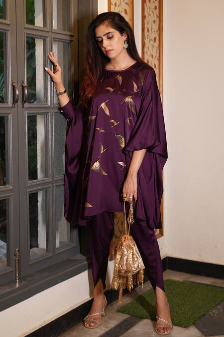 Buy_Kyra By Nina + Deepika_Purple Silk, Satin Round Neck Homecoming Hand Painted Top And Tulip Pant Set _Online_at_Aza_Fashions