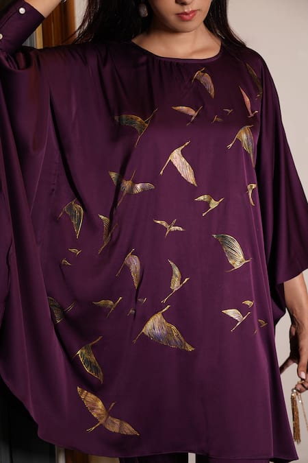 Kyra By Nina + Deepika_Purple Silk, Satin Round Neck Homecoming Hand Painted Top And Tulip Pant Set _at_Aza_Fashions