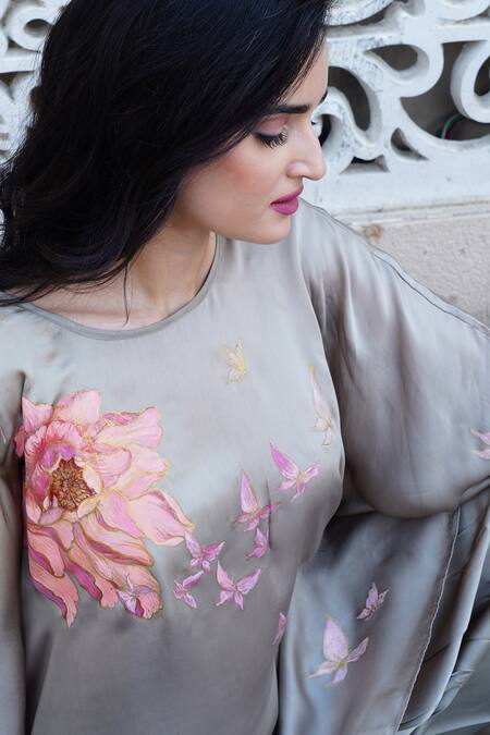 Kyra By Nina + Deepika_Green Bamboo Embroidery Myraid Butterflies Hand Painted Top And Tulip Pant Set _Online_at_Aza_Fashions