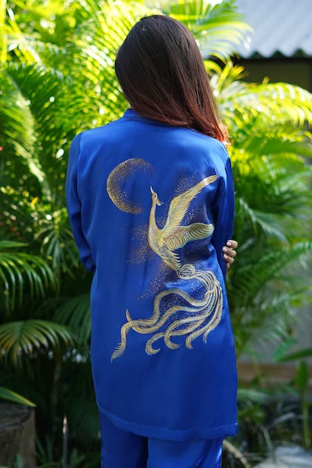 Shop_Kyra By Nina + Deepika_Blue Modal, Satin Square Phoenix From The Ashes Hand Painted Jacket Pant Set _Online_at_Aza_Fashions