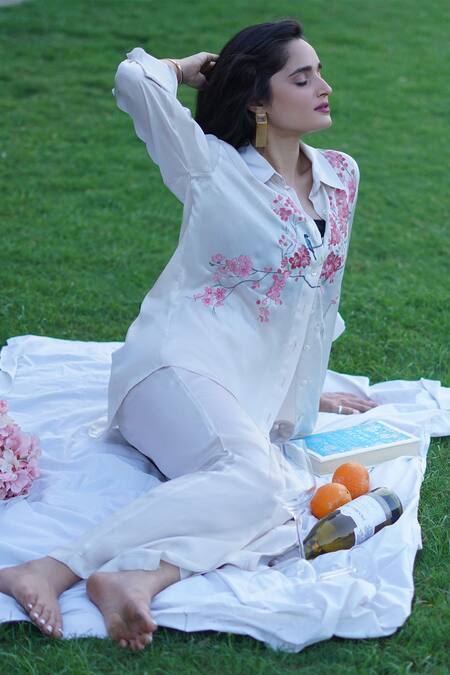 Kyra By Nina + Deepika_Beige Modal, Satin Embroidery Poetic Sakuras Hand Painted Shirt And Pant Set _Online_at_Aza_Fashions
