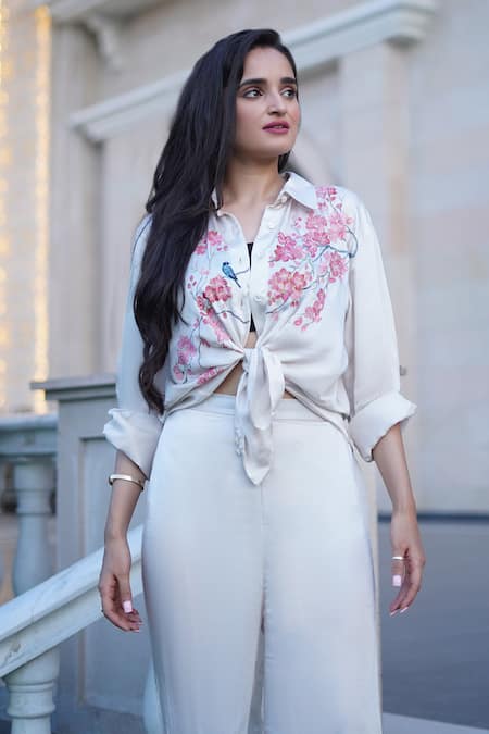 Shop_Kyra By Nina + Deepika_Beige Modal, Satin Embroidery Poetic Sakuras Hand Painted Shirt And Pant Set _Online_at_Aza_Fashions
