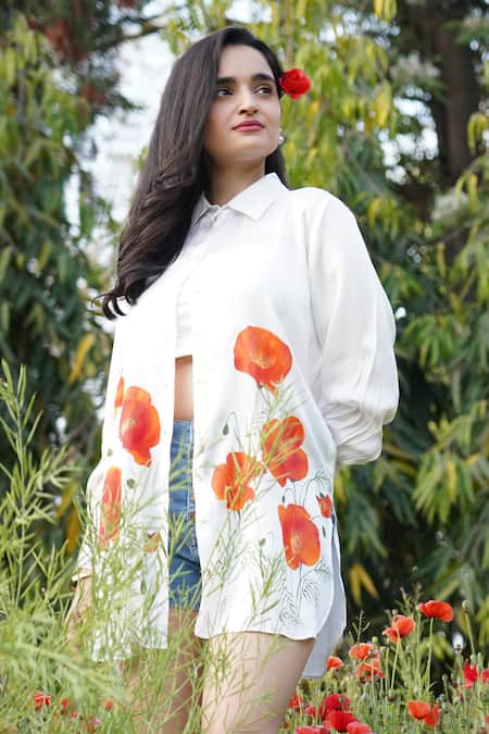 Buy_Kyra By Nina + Deepika_White Modal, Satin Embroidery Collared Poppies Affair Hand Painted Shirt _Online_at_Aza_Fashions