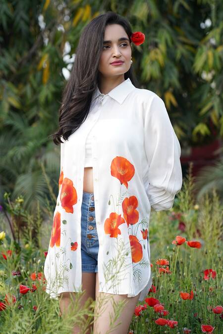 Shop_Kyra By Nina + Deepika_White Modal, Satin Embroidery Collared Poppies Affair Hand Painted Shirt _Online_at_Aza_Fashions