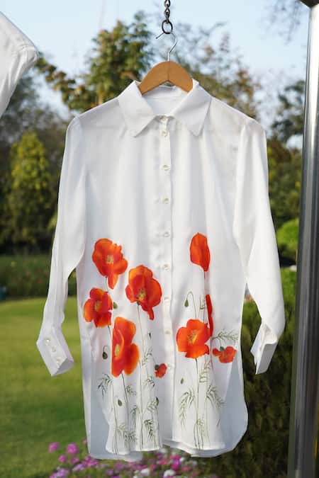 Kyra By Nina + Deepika_White Modal, Satin Embroidery Collared Poppies Affair Hand Painted Shirt _at_Aza_Fashions