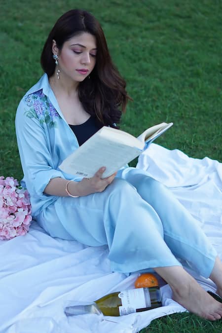 Kyra By Nina + Deepika_Blue Modal, Satin Collared Pretty Hydrangeas Hand Painted Shirt And Pant Set _Online_at_Aza_Fashions