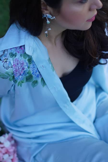 Buy_Kyra By Nina + Deepika_Blue Modal, Satin Collared Pretty Hydrangeas Hand Painted Shirt And Pant Set _Online_at_Aza_Fashions