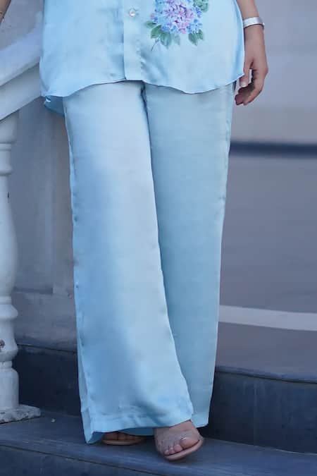 Shop Kyra By Nina + Deepika Blue Modal, Satin Collared Pretty Hydrangeas Hand Painted Shirt And Pant Set Online at Aza Fashions Shop_Kyra By Nina + Deepika_Blue Modal, Satin Collared Pretty Hydrangeas Hand Painted Shirt And Pant Set _Online_at_Aza_Fashions