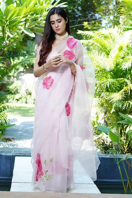 Kyra By Nina + Deepika White Silk Organza Handpainted Saree With Unstitched Blouse  