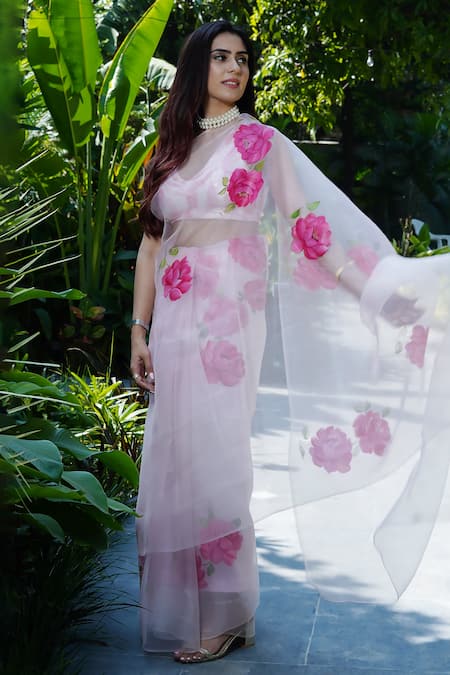 Kyra By Nina + Deepika_White Silk Organza Embroidery Handpainted Saree With Unstitched Blouse _Online_at_Aza_Fashions