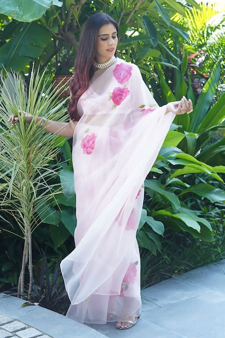 Buy_Kyra By Nina + Deepika_White Silk Organza Embroidery Handpainted Saree With Unstitched Blouse _Online_at_Aza_Fashions