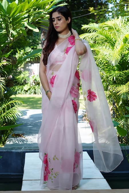 Shop_Kyra By Nina + Deepika_White Silk Organza Embroidery Handpainted Saree With Unstitched Blouse _Online_at_Aza_Fashions