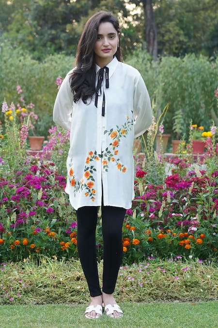 Kyra By Nina + Deepika White Modal Satin Shirt Collar Handpainted 