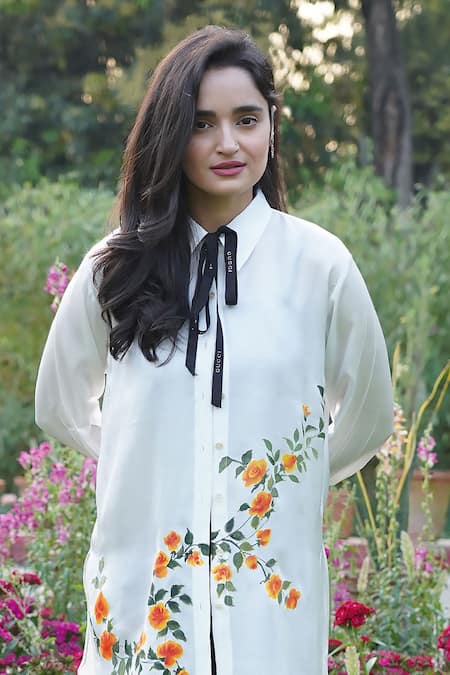 Shop_Kyra By Nina + Deepika_White Modal, Satin Collared Handpainted Shirt _Online_at_Aza_Fashions