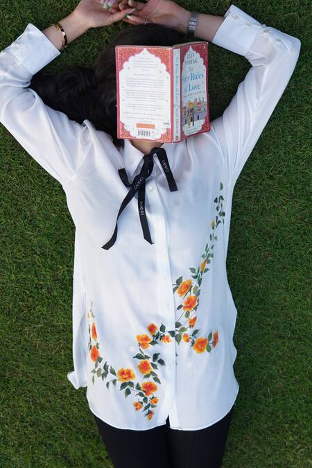 Kyra By Nina + Deepika_White Modal, Satin Collared Handpainted Shirt _at_Aza_Fashions