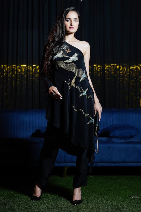 Kyra By Nina + Deepika Handpainted One-shoulder Top & Pant Set 