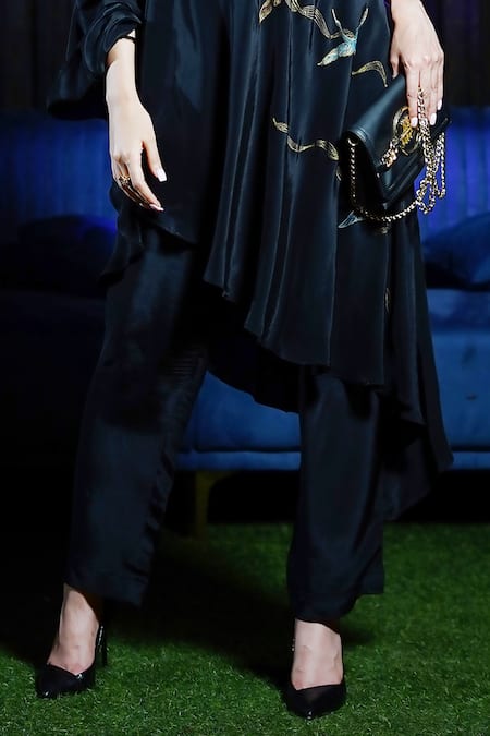 Shop Kyra By Nina + Deepika Black Crepe One Shoulder Handpainted Top And Pant Set Online at Aza Fashions Shop_Kyra By Nina + Deepika_Black Crepe One Shoulder Handpainted Top And Pant Set _Online_at_Aza_Fashions
