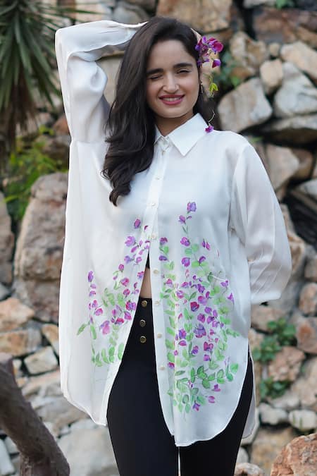 Kyra By Nina + Deepika Modal Satin Floral Handpainted Shirt 