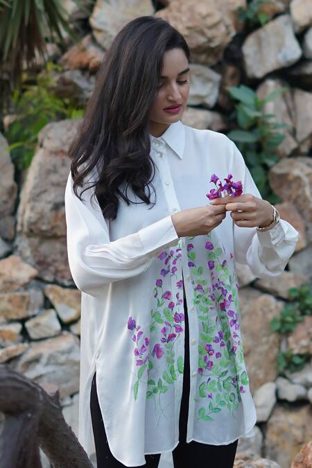 Kyra By Nina + Deepika_White Modal, Satin Embroidery Collared Floral Handpainted Shirt _Online_at_Aza_Fashions