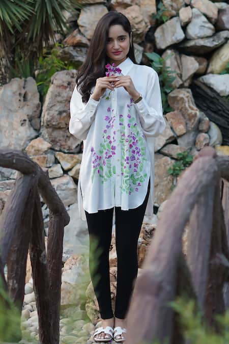 Buy_Kyra By Nina + Deepika_White Modal, Satin Embroidery Collared Floral Handpainted Shirt _Online_at_Aza_Fashions