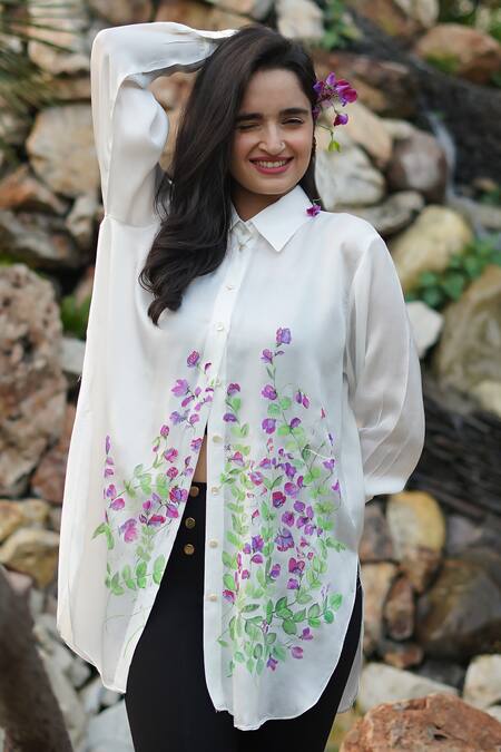 Shop_Kyra By Nina + Deepika_White Modal, Satin Embroidery Collared Floral Handpainted Shirt _Online_at_Aza_Fashions